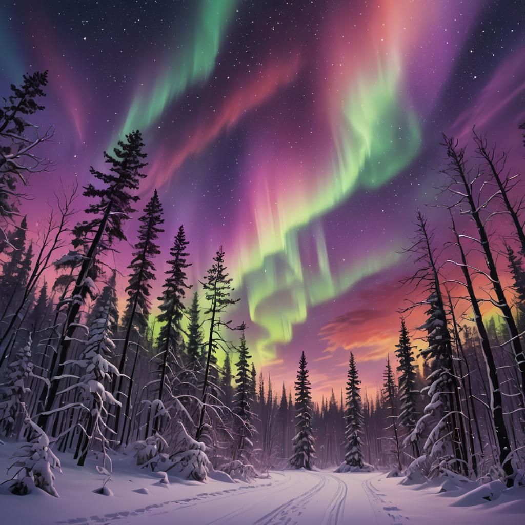 Aurora Borealis Over Snowy Forest, Digital Painting