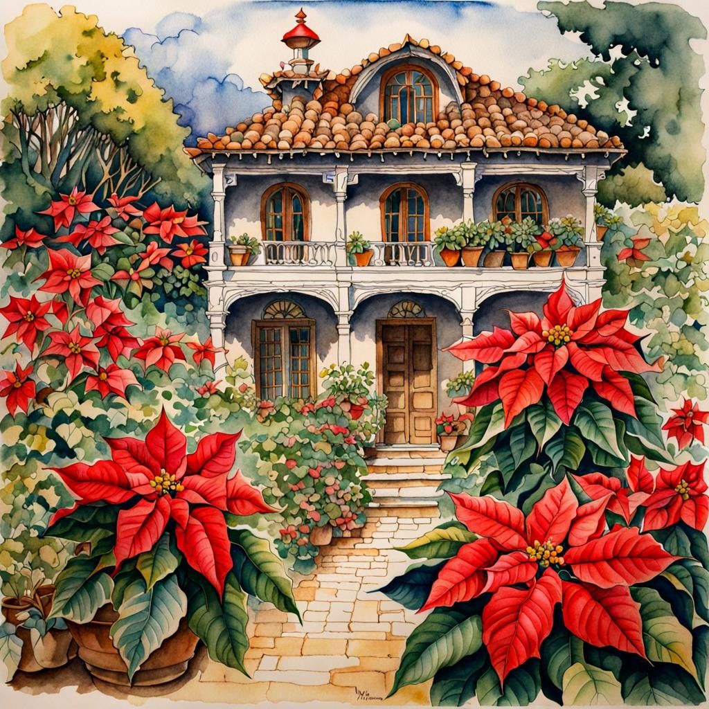 Poinsettia in Old Mexican Garden Watercolor