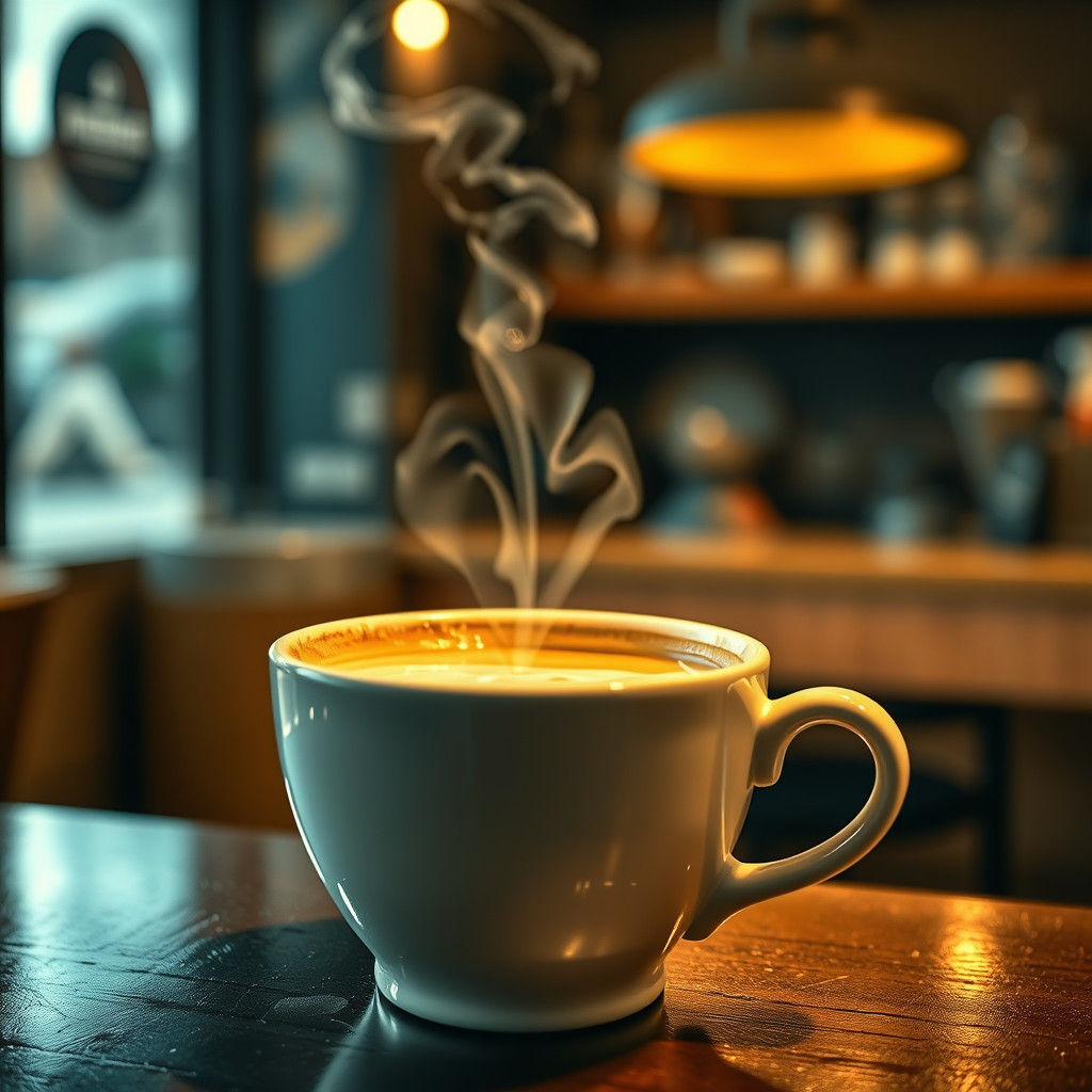 Steaming Coffee Cup with Latte Art, Hyperrealistic