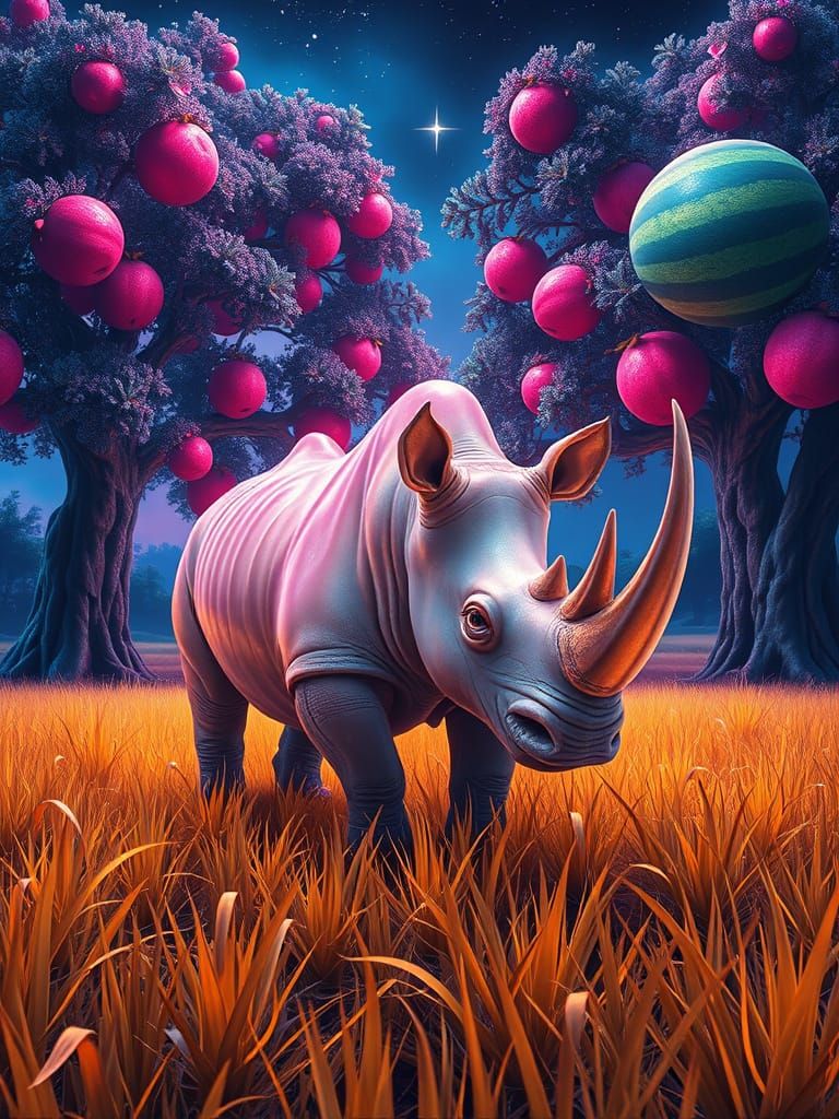 Translucent Rhino in Sci-Fi Landscape