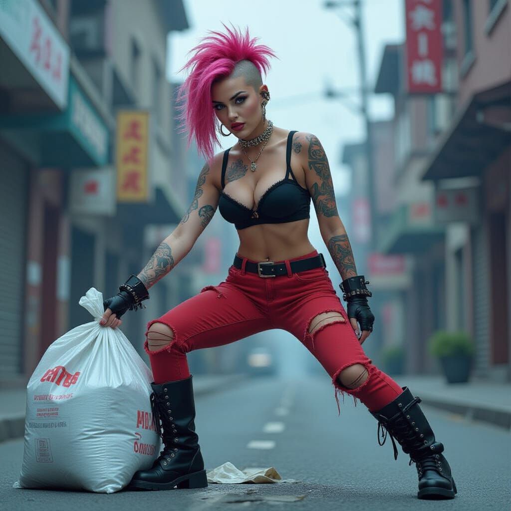 Punk Woman Kicks Trash in Cinematic Digital Painting