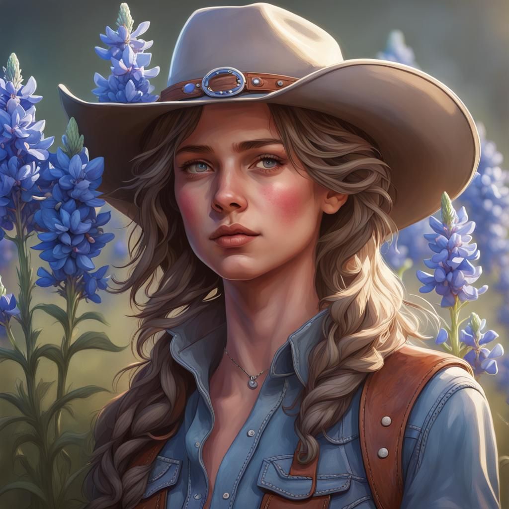 Cowgirl Portrait with Bluebonnets in Art Nouveau Style