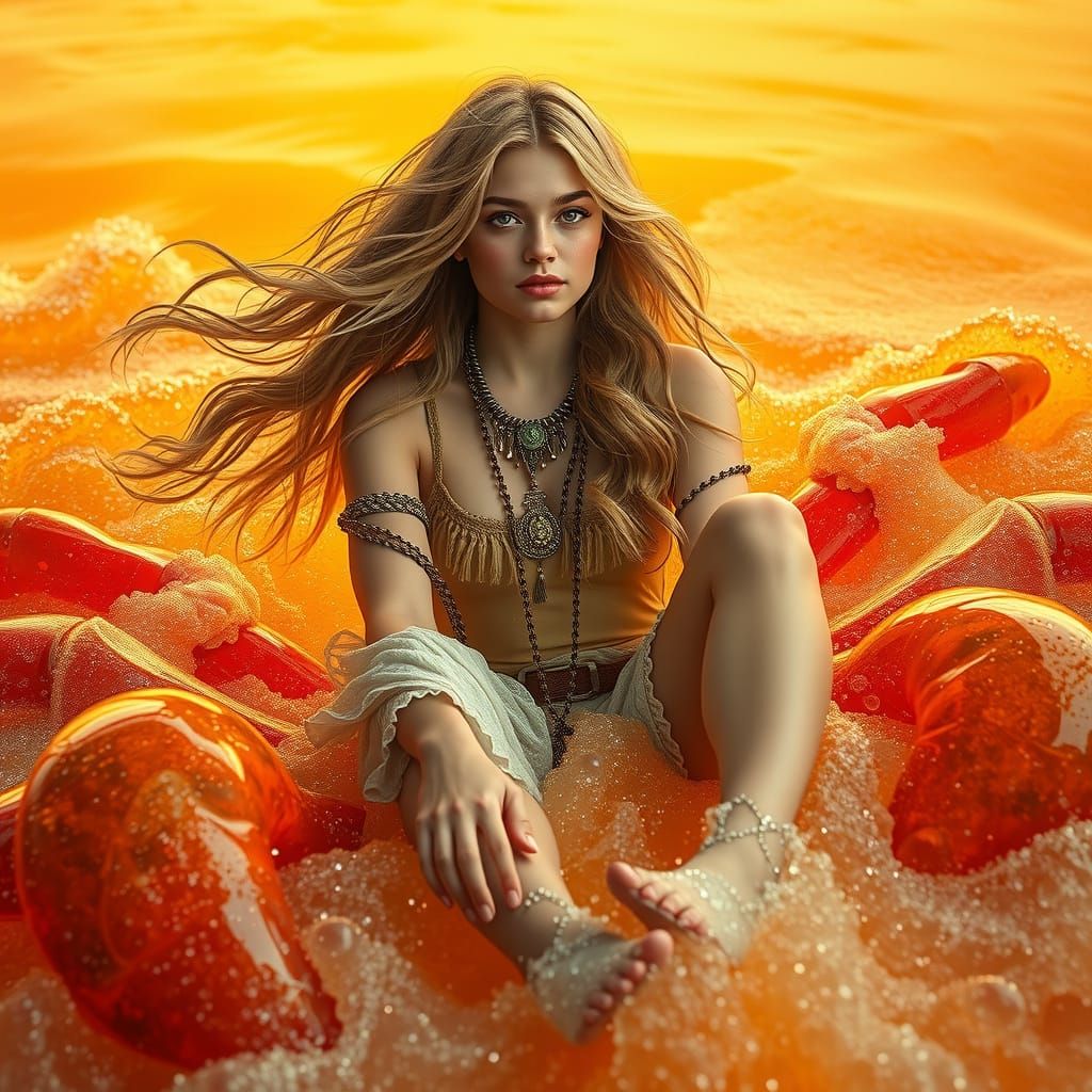 Woman on Gummy Crab in Dreamlike Soda Sea