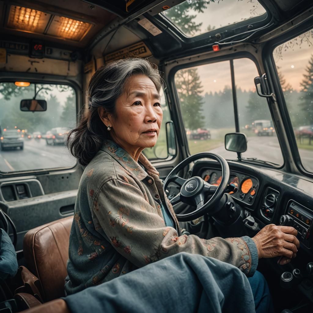 Asian Woman Driving Semi Truck: Professional Photography