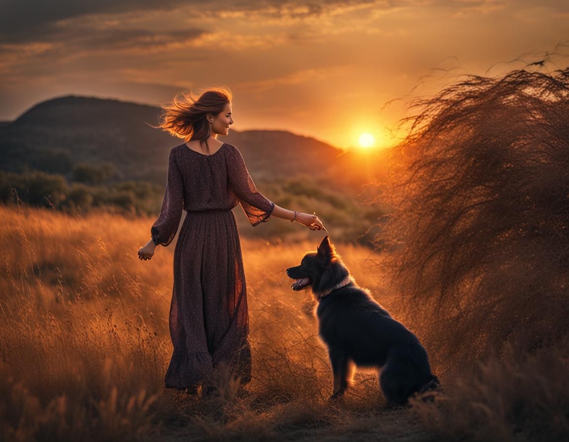 Woman and Dog at Sunset: Hyperrealistic Image