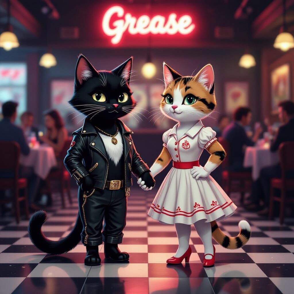 Retro Musical: Cats in a 1950s Venue, Digital Illustration