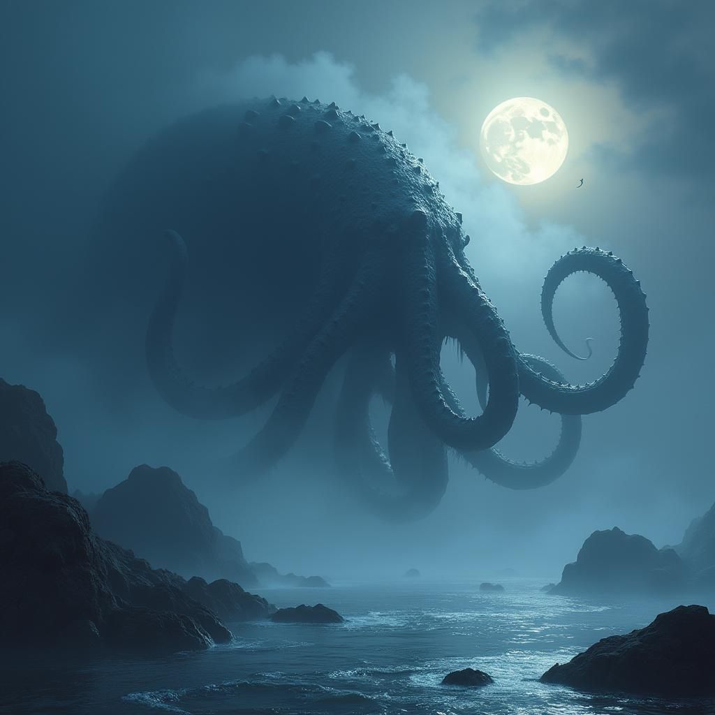 Kraken Arising in Moonlit Fog: A Romantic Seascape