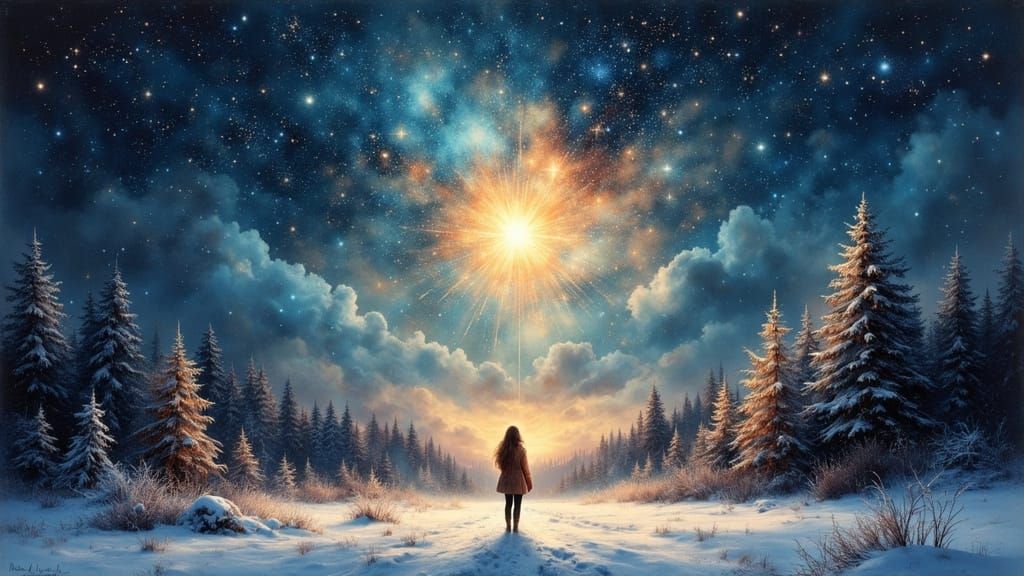 Magical Starlit Night Sky over Snowy Forest