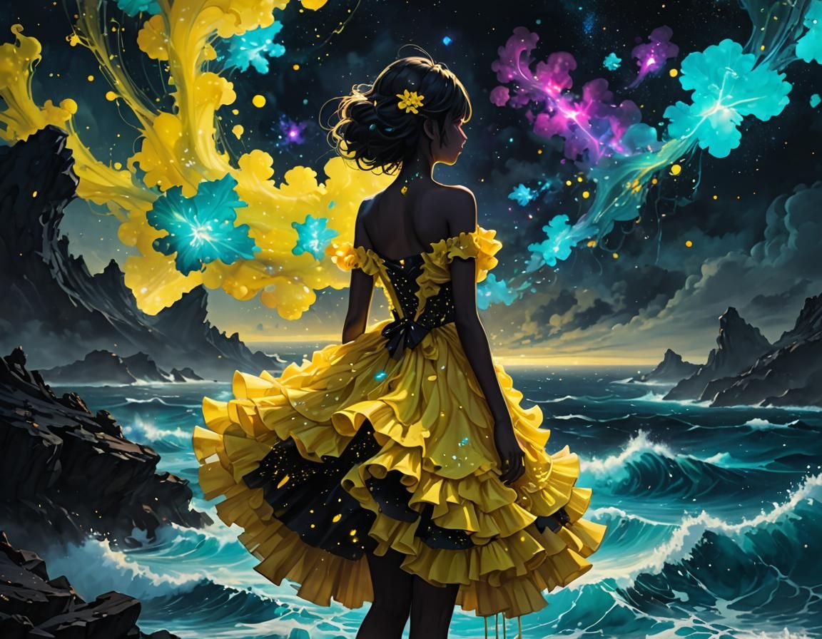 Bioluminescent Ocean View with Glowing Anime Dress