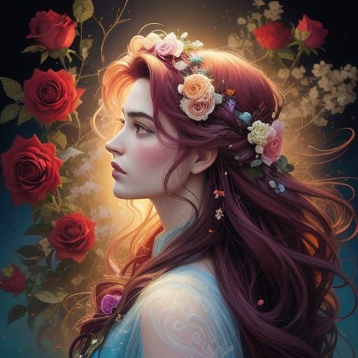 Comic Art Young Woman With Floral Adornments