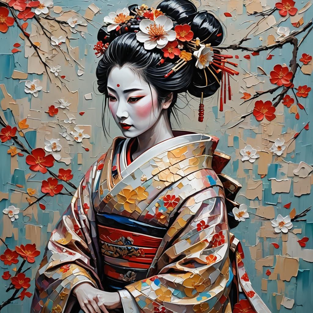 Detailed Impasto Painting of a Geisha
