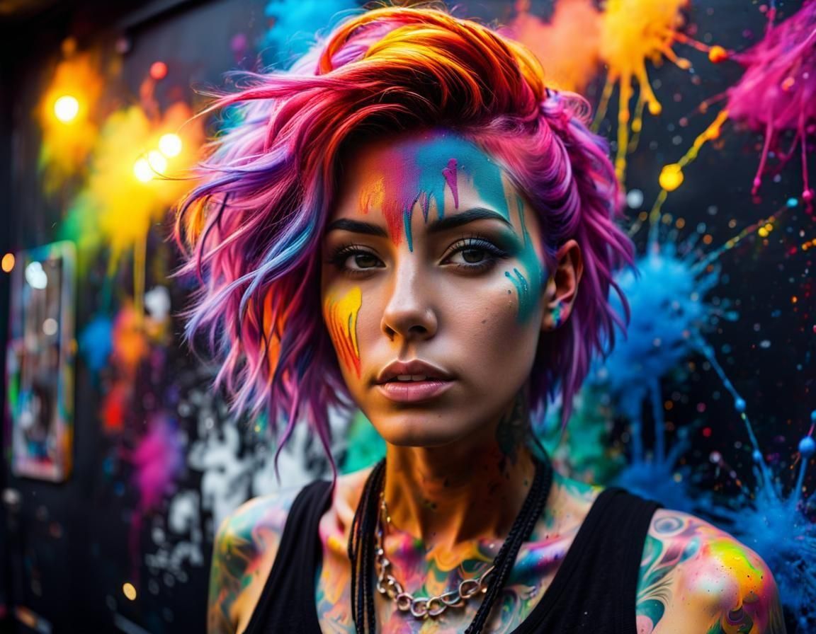 Colorful Tattooed Girl in a Street Art Style