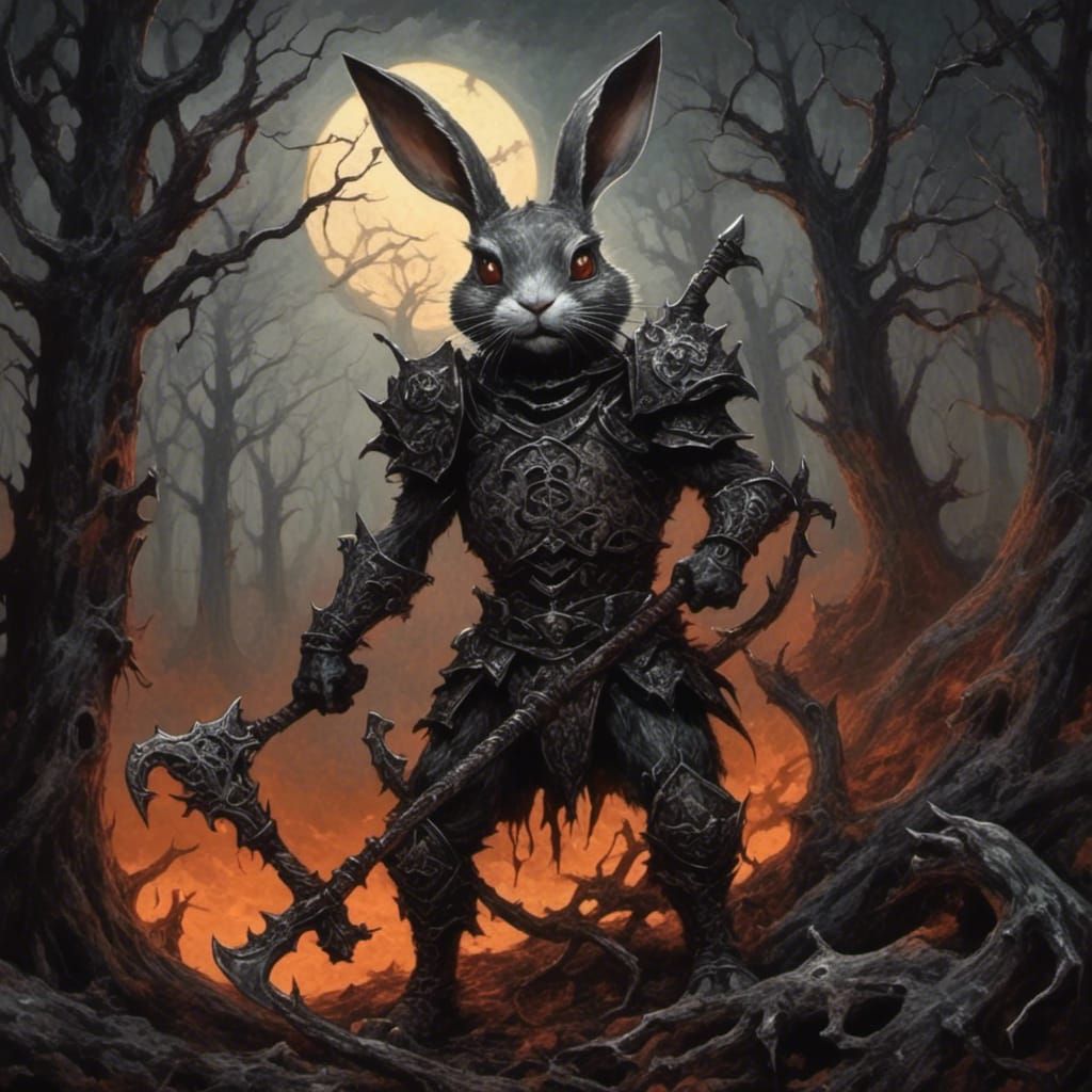 Angry Rabbit Warrior in Eerie Forest, Dark Fantasy