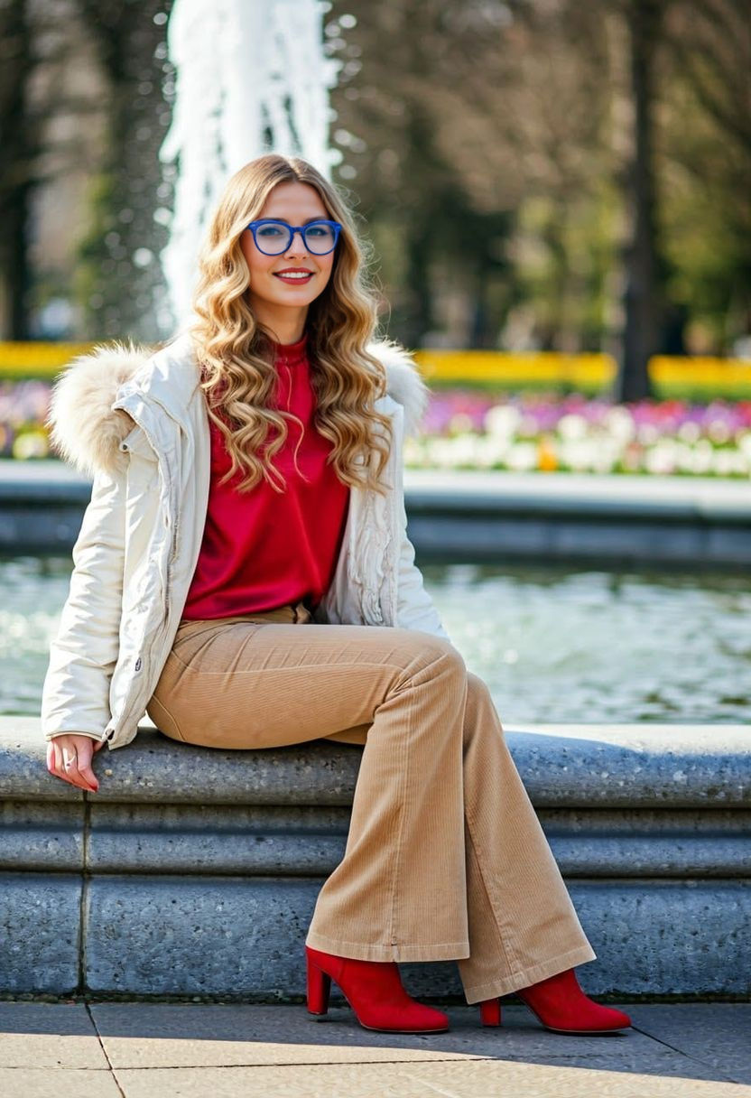 Woman Sits by Fountain in Springtime