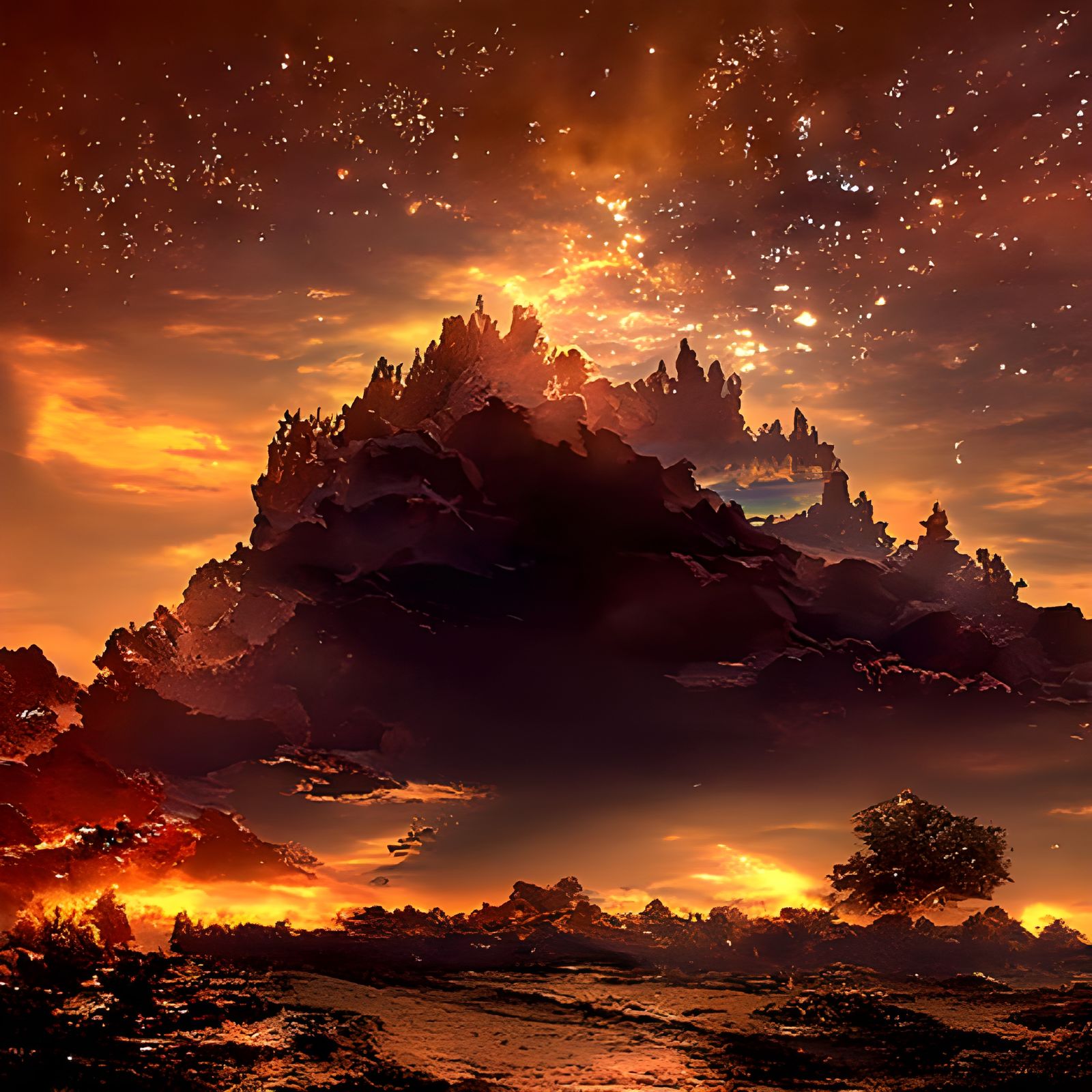 Magical Volcano Eruption in Fantasy Landscape