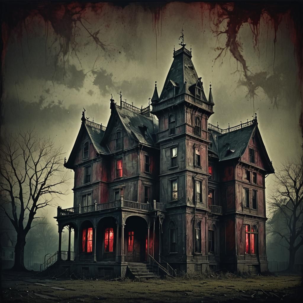 Eerie Haunted House in Moonlight: Ink Wash Style