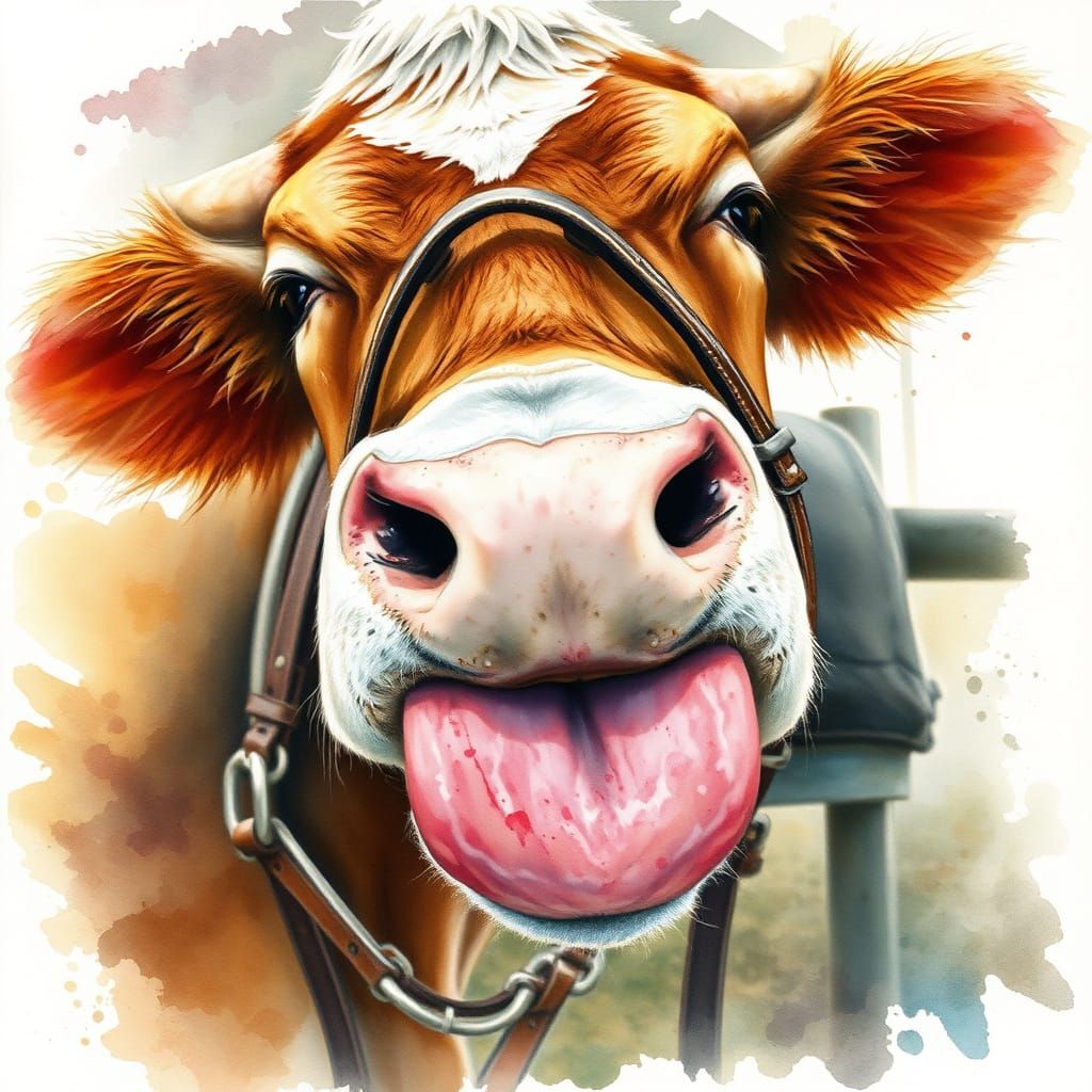 Cow Licking Screen in Watercolor Wash Style
