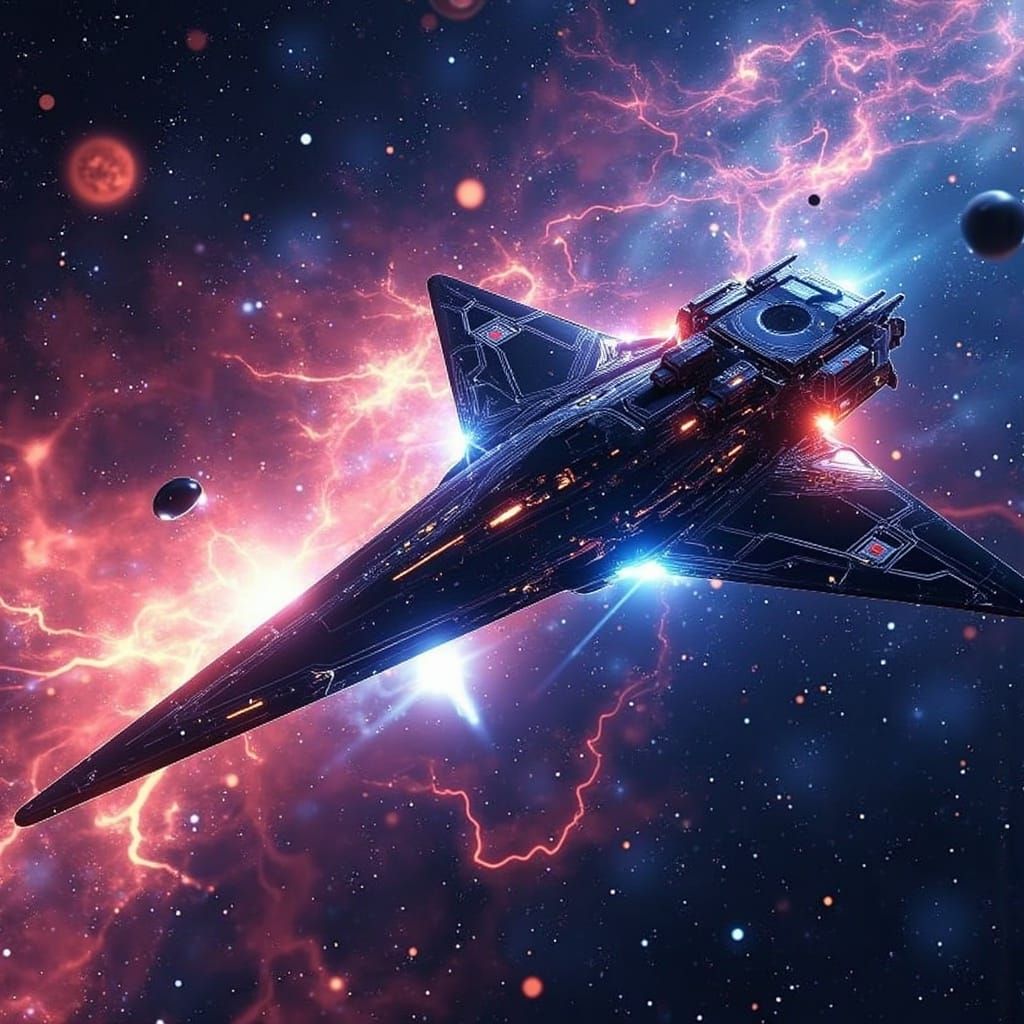 Futuristic Spaceship Soaring Through Iridescent Nebula