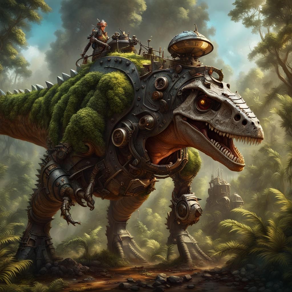 Armored steampunk dinosaur ready for battle