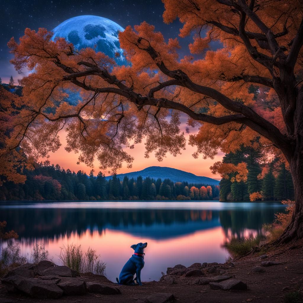 Colorful Lake with Dog Face in Night Sky