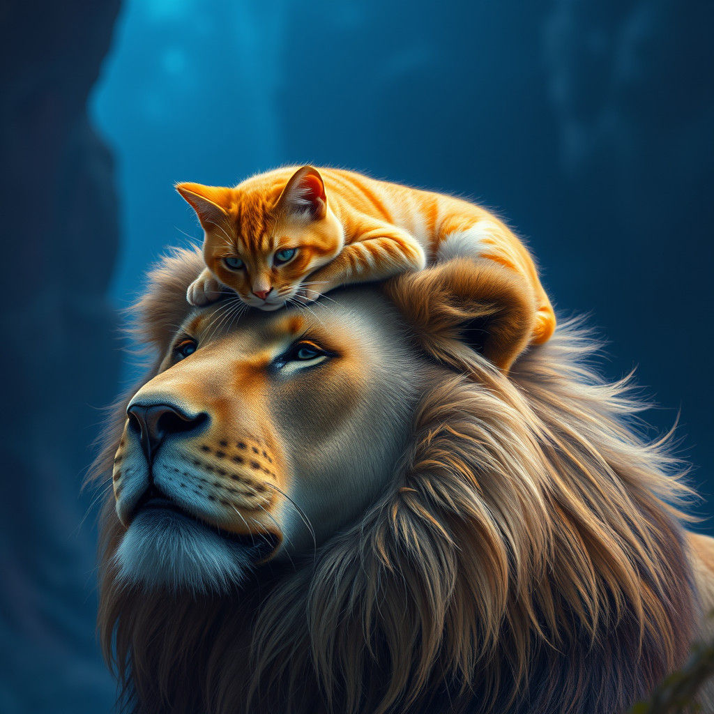 Cat on Lion Head in Dystopian Matte Painting