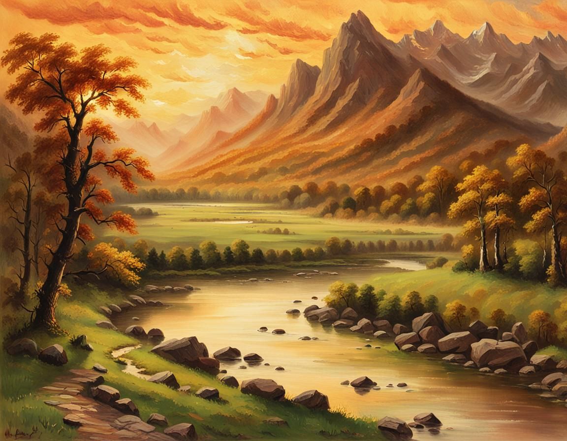 Valley Sunset Landscape with Watercolor and Ink Details