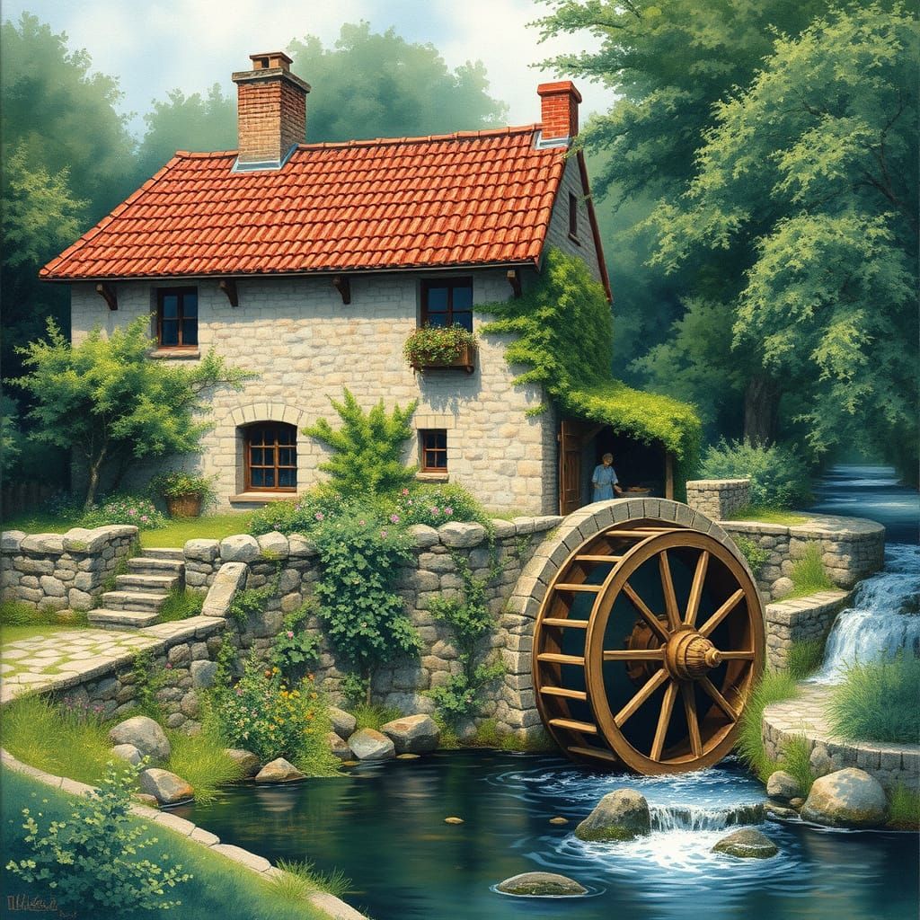 Rustic Stone House with Serene Waterwheel Scene