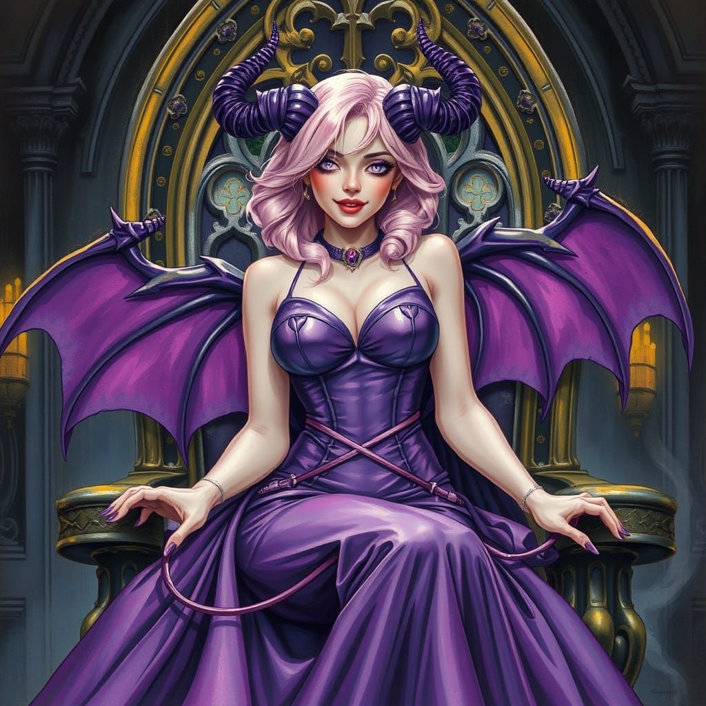 Pink-Haired Queen on Gothic Throne in Splatter Ink Style