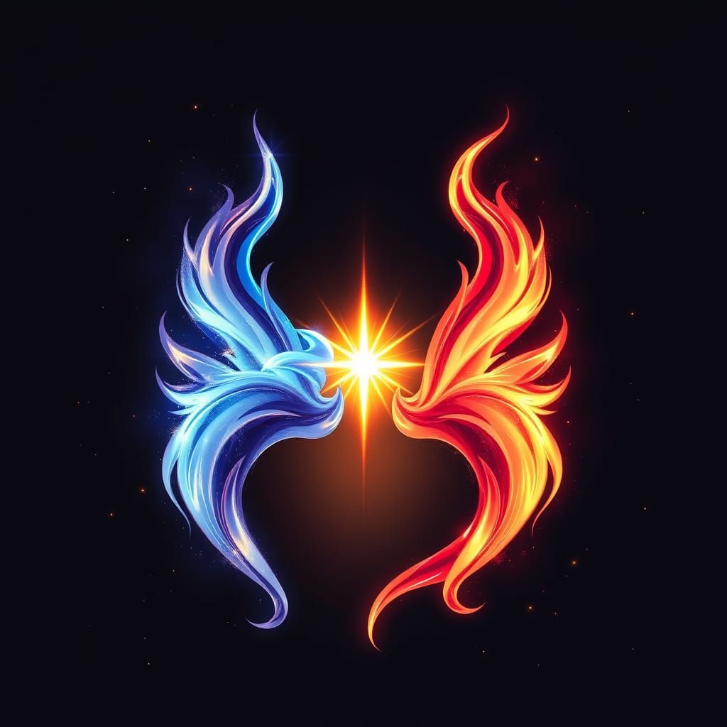 Twin Flames: Blue and Red Fire Forms Merging