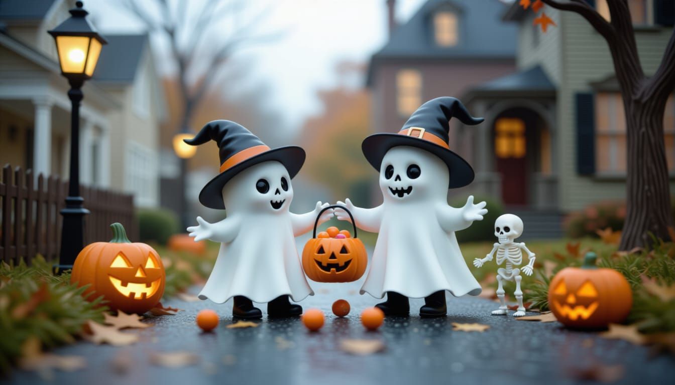 Cute Halloween Ghosts and Skeletons Trick-or-Treating