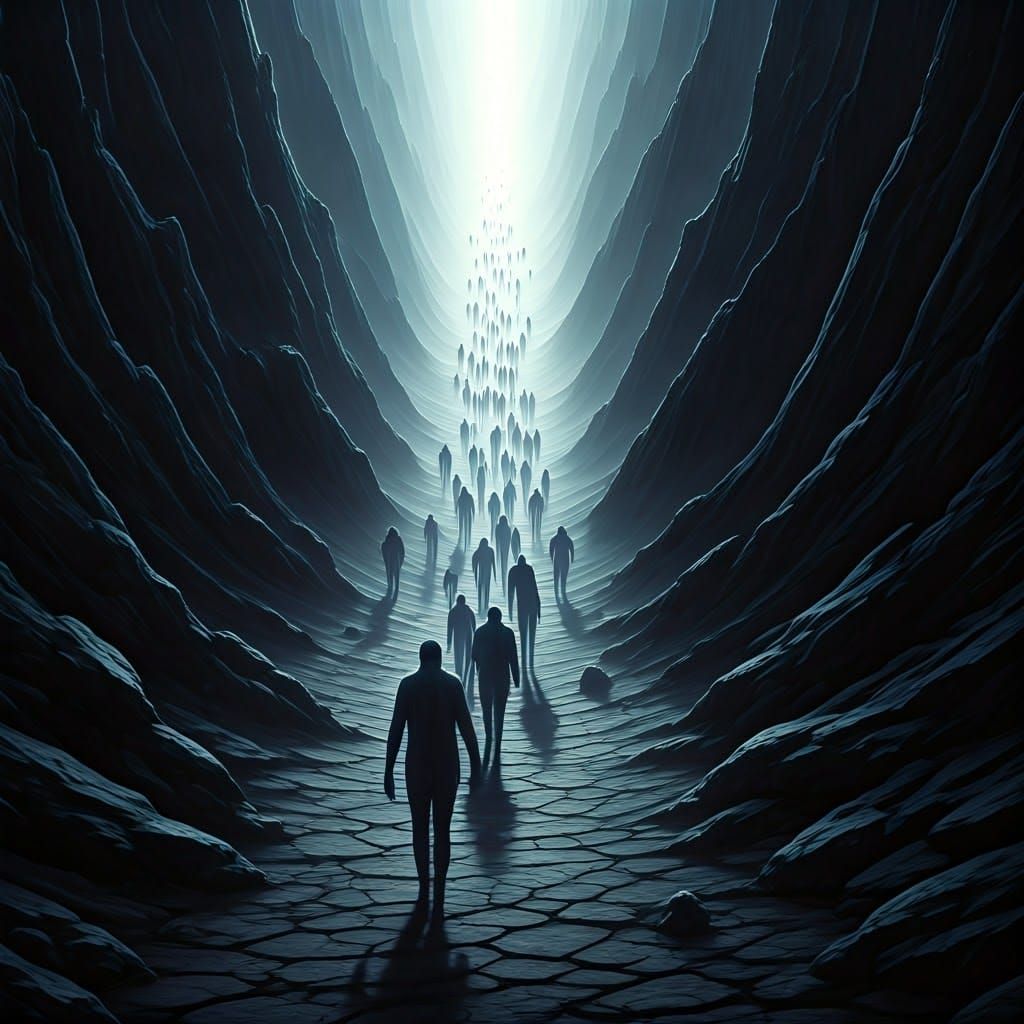 Faceless Figures Ascend to Ethereal Light