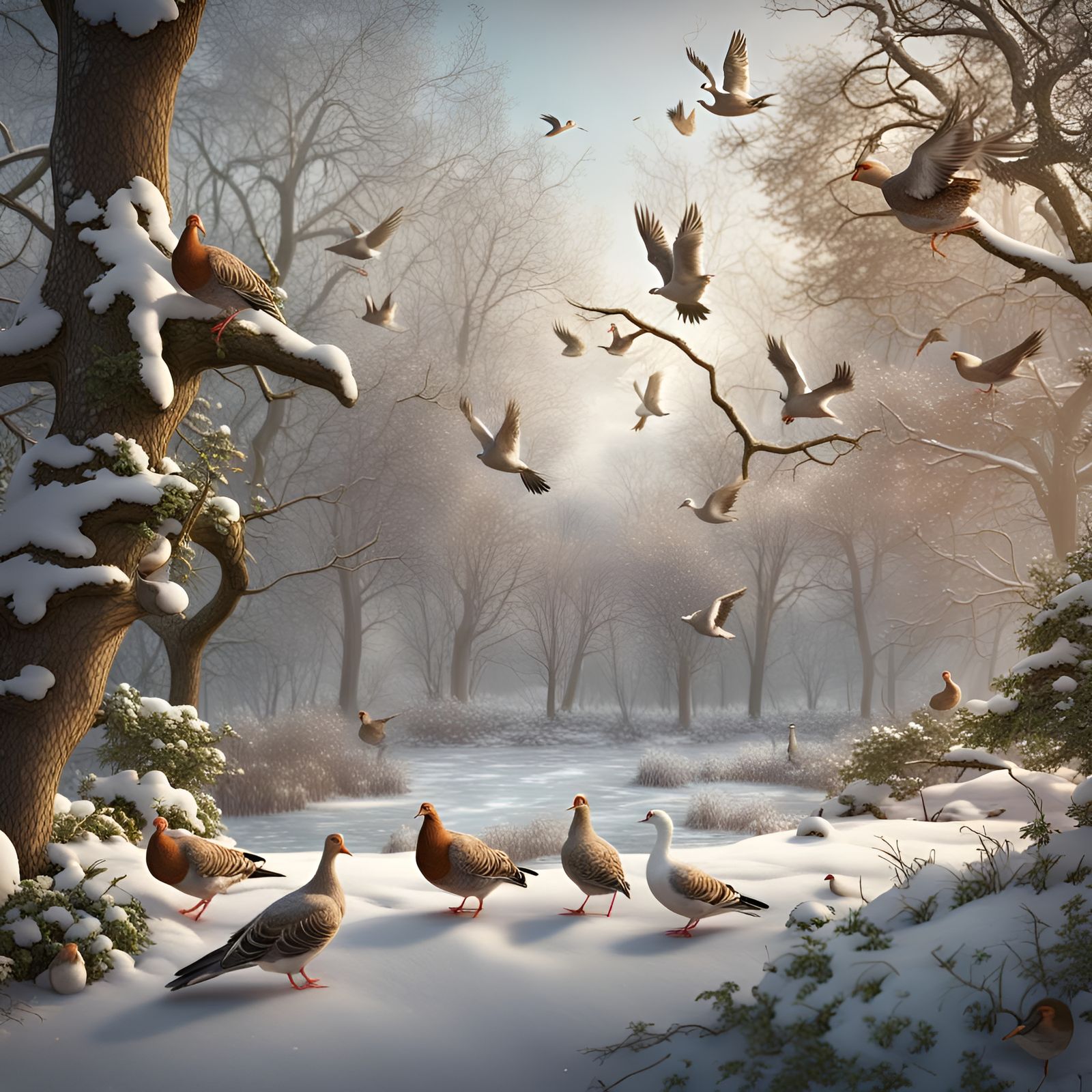 Snowy Woods Birdlife in Detailed Matte Painting