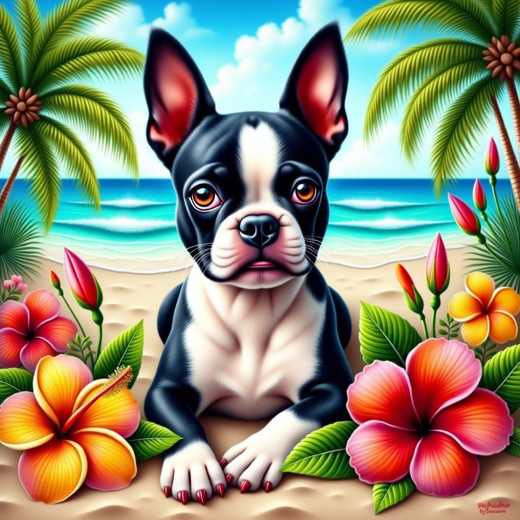 Vibrant Summer Scene with Boston Terrier and Tropical Flower...