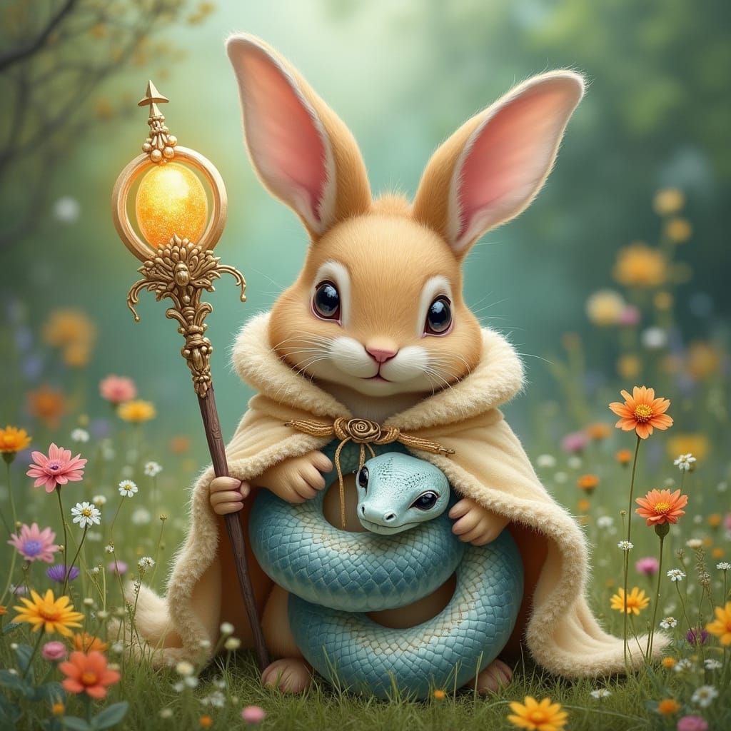 Whimsical Bunny and Snake in Dreamy Meadow