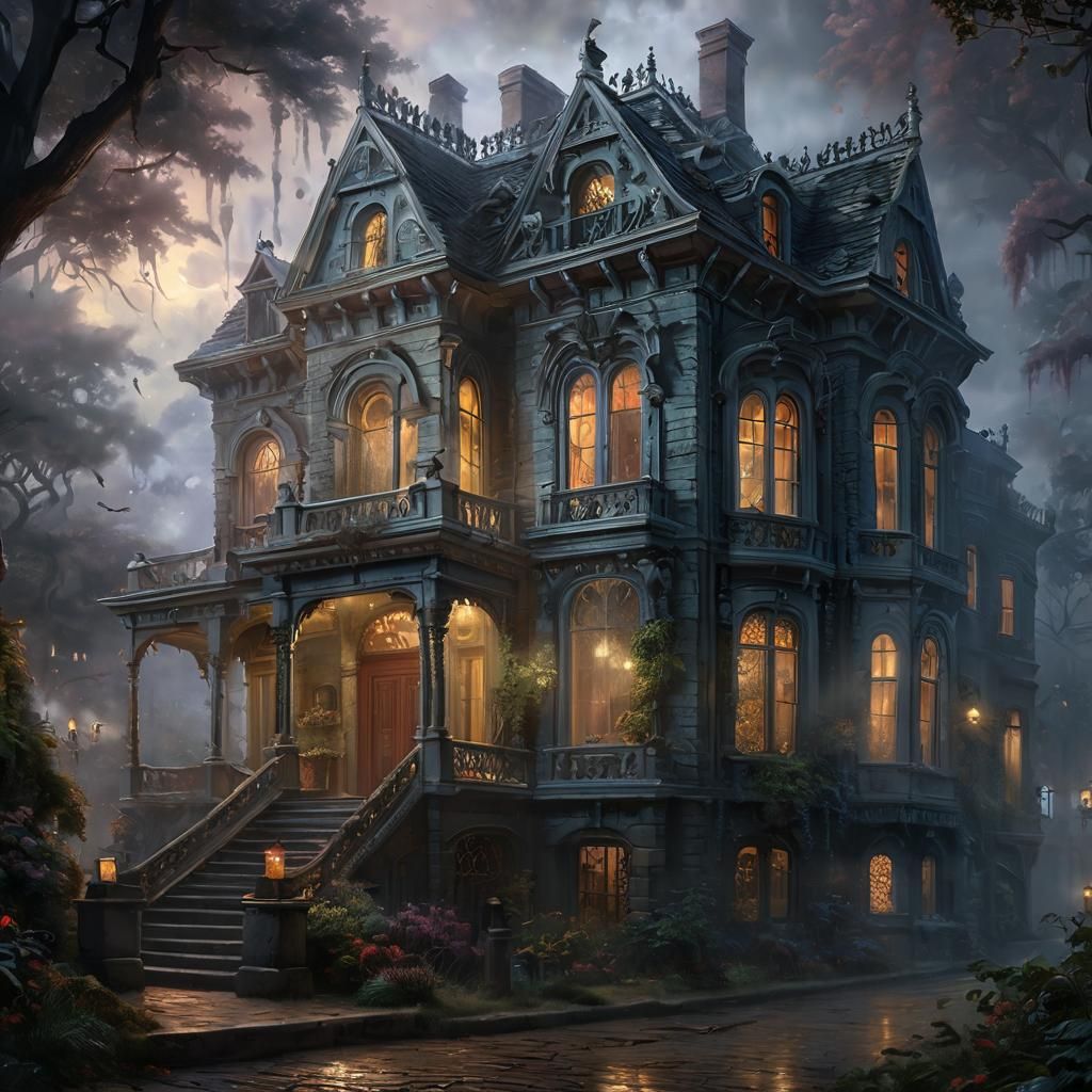 Haunted Mansion Interior with Ghostly Apparitions