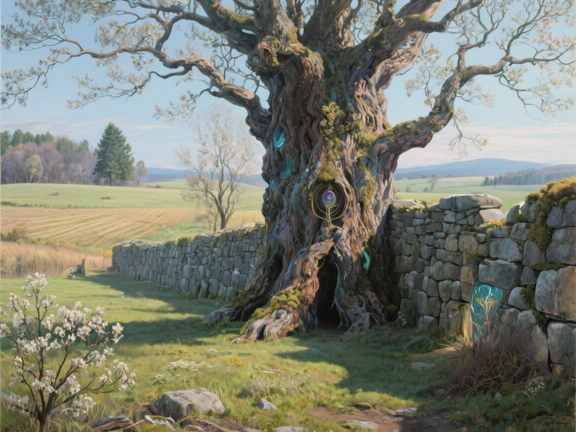 Ancient Oak Tree & Stone Wall in New England Farmland