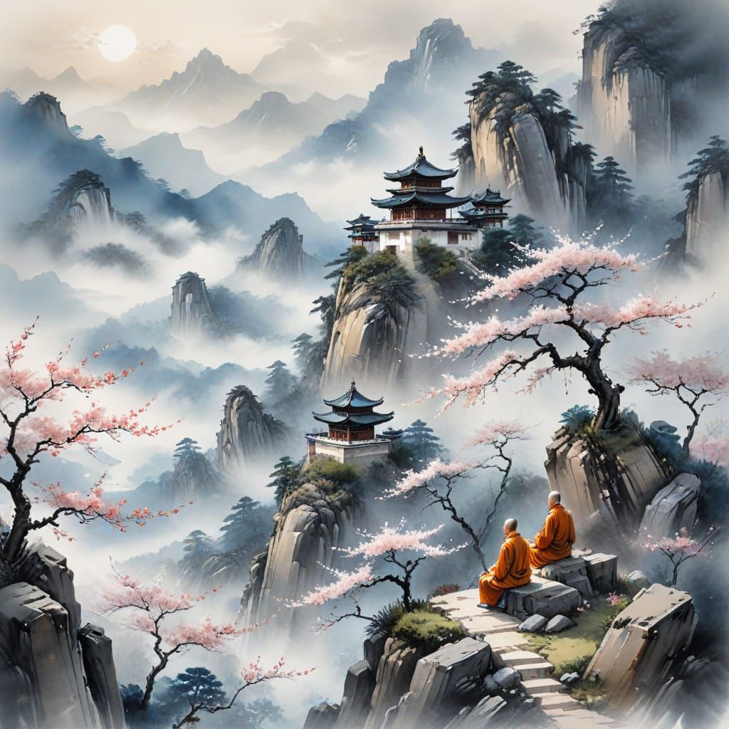 Monks Meditating in Chinese Ink Wash Landscape