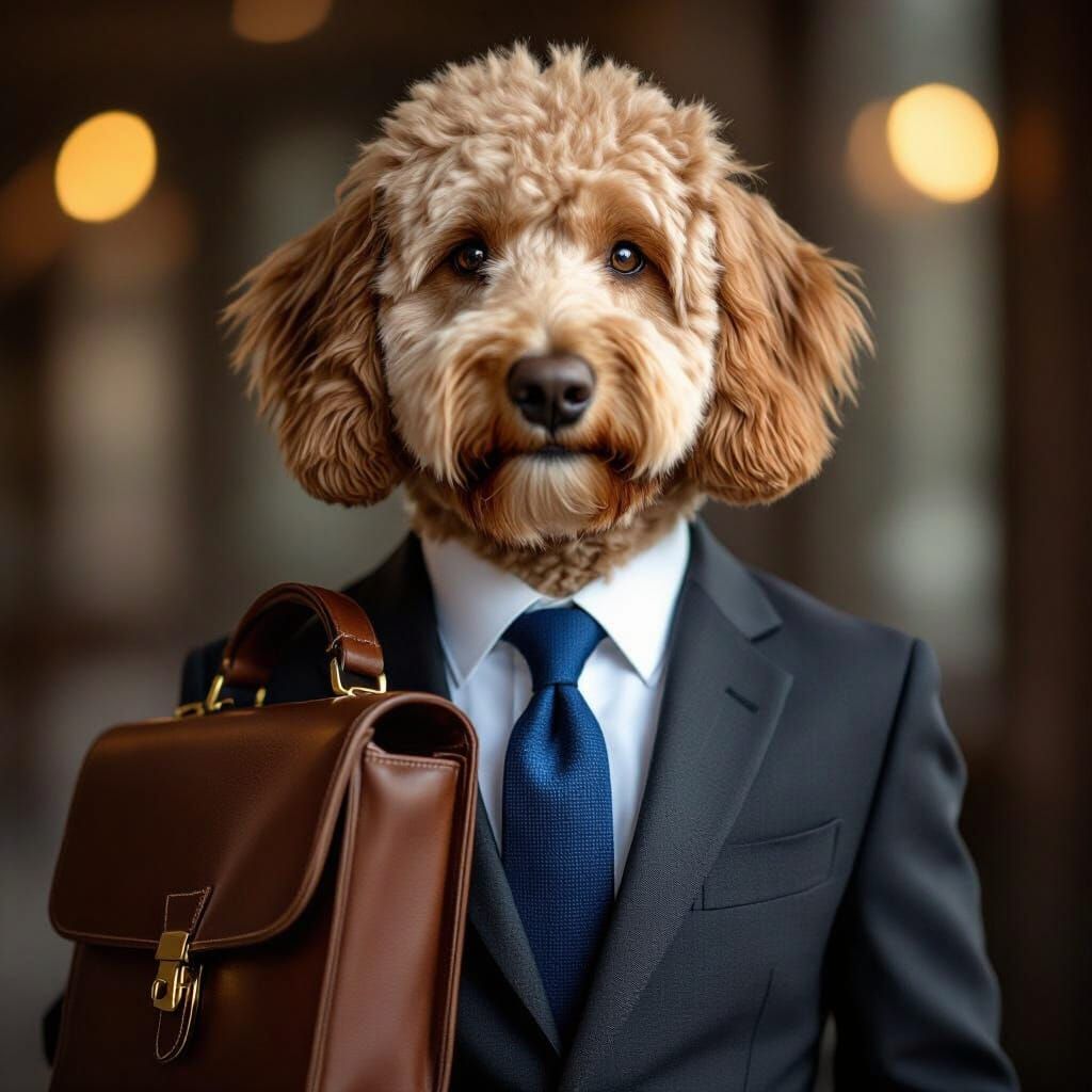 Sophisticated Goldendoodle in Business Suit with Briefcase