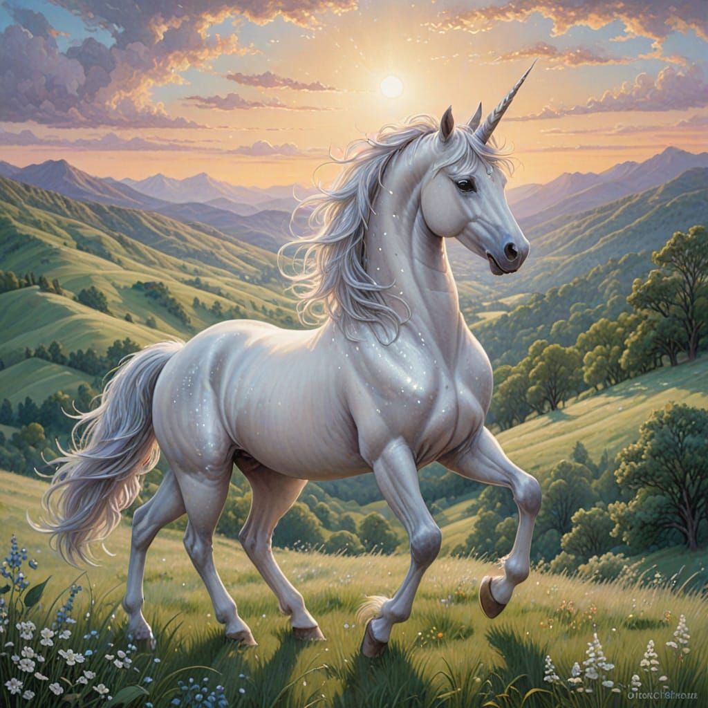 Ethereal Unicorn in Dreamy Landscape