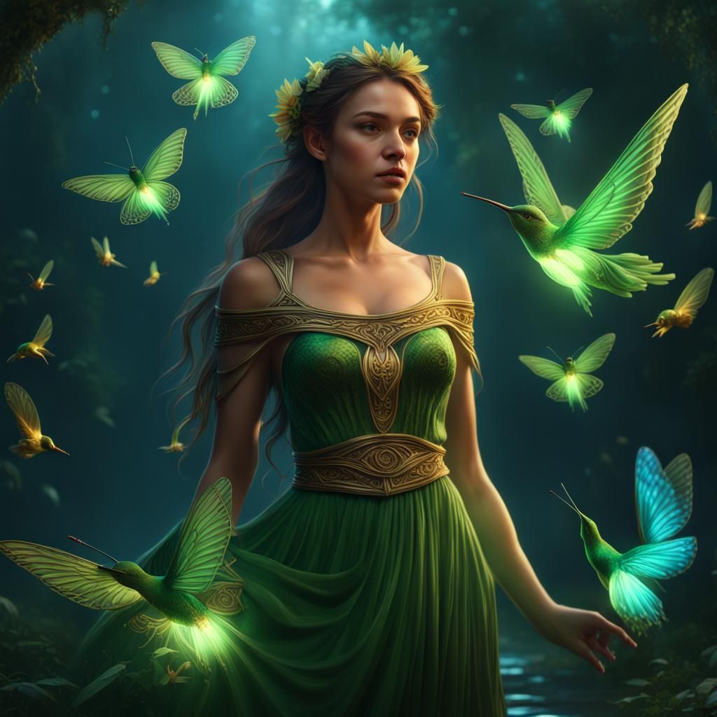 Enchanting Girl with Magic, Fireflies and Butterflies
