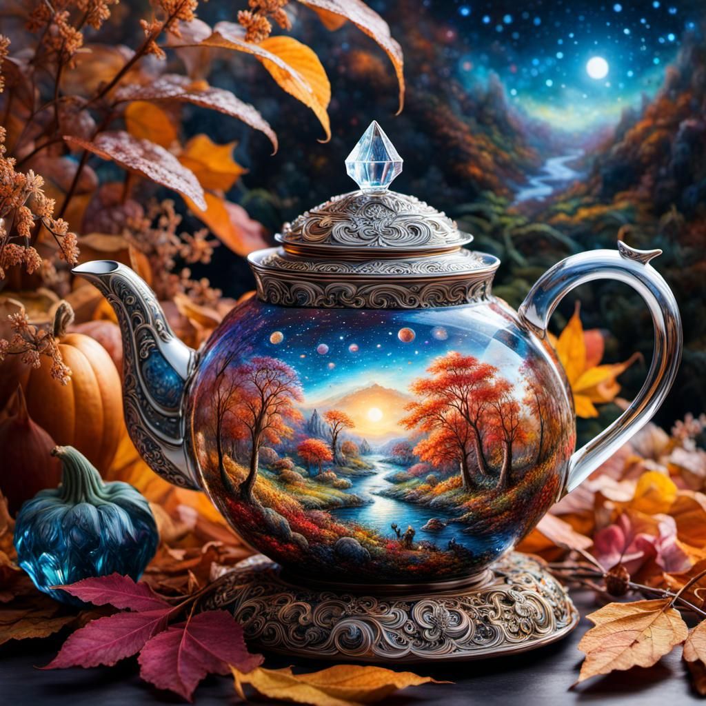 Starlit Autumn Landscape Flowing From Teapot