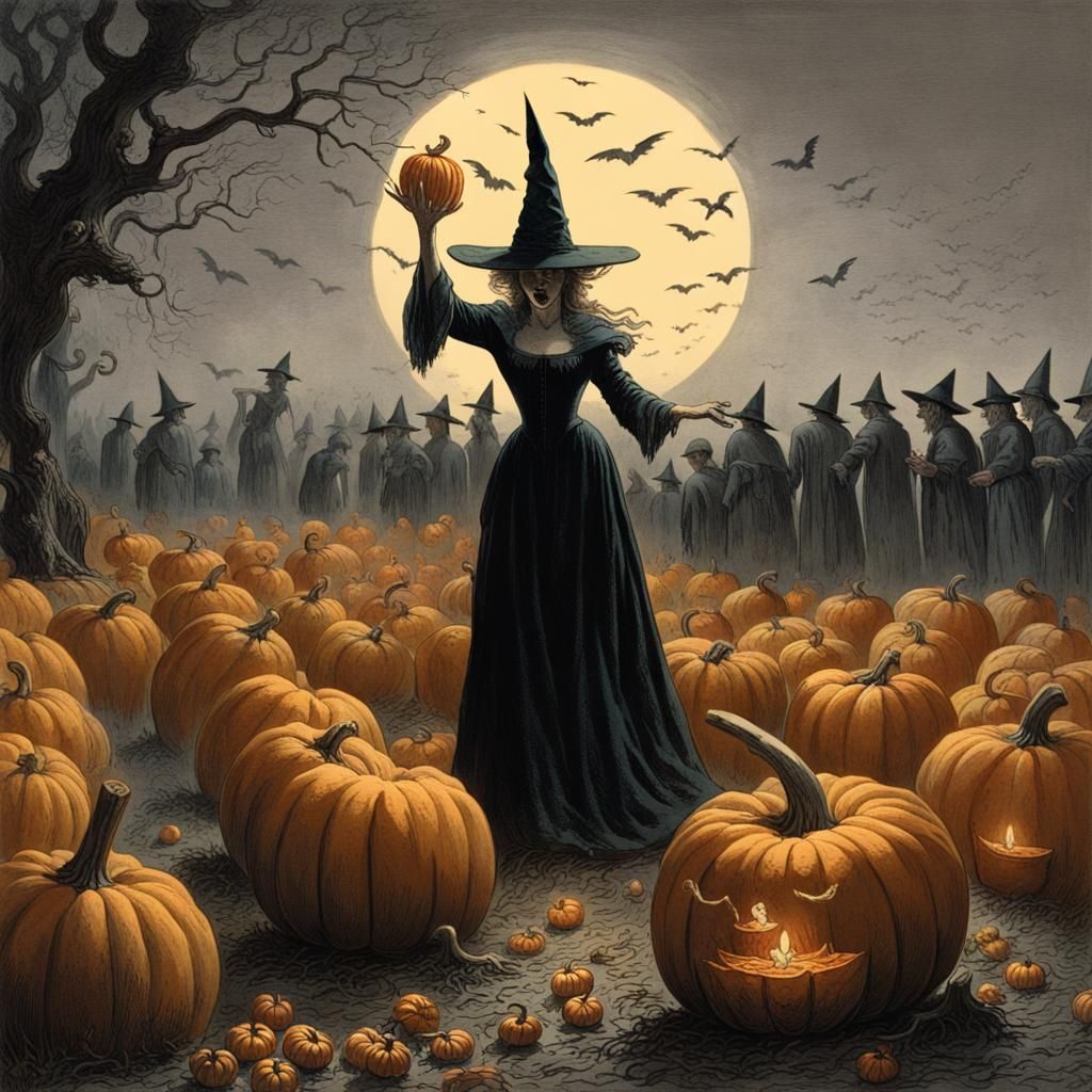 Vintage Witchcraft Ritual in Pumpkin Patch, Doré Style