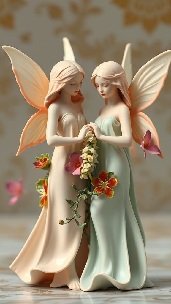 Porcelain Fairies with Wildflowers in Art Nouveau Style