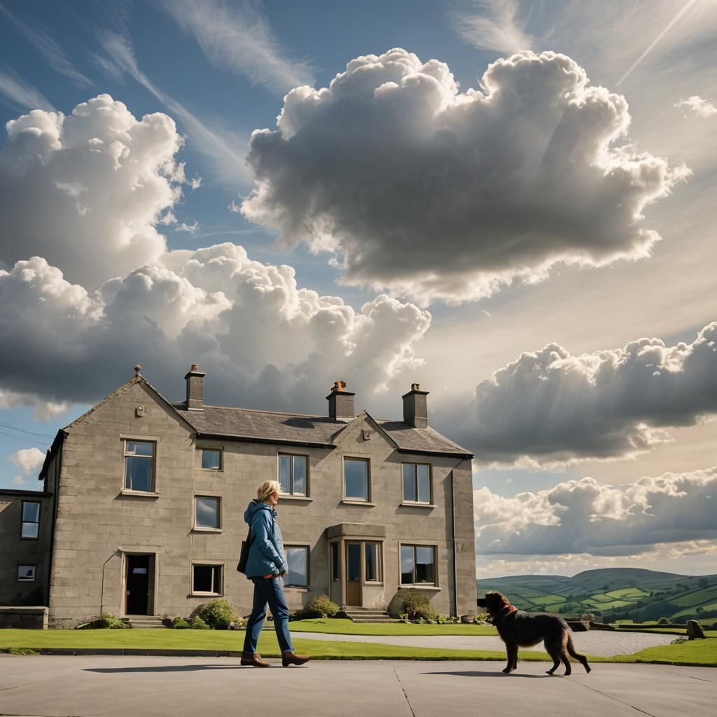 Yorkshire Dales House with Woman and Dog