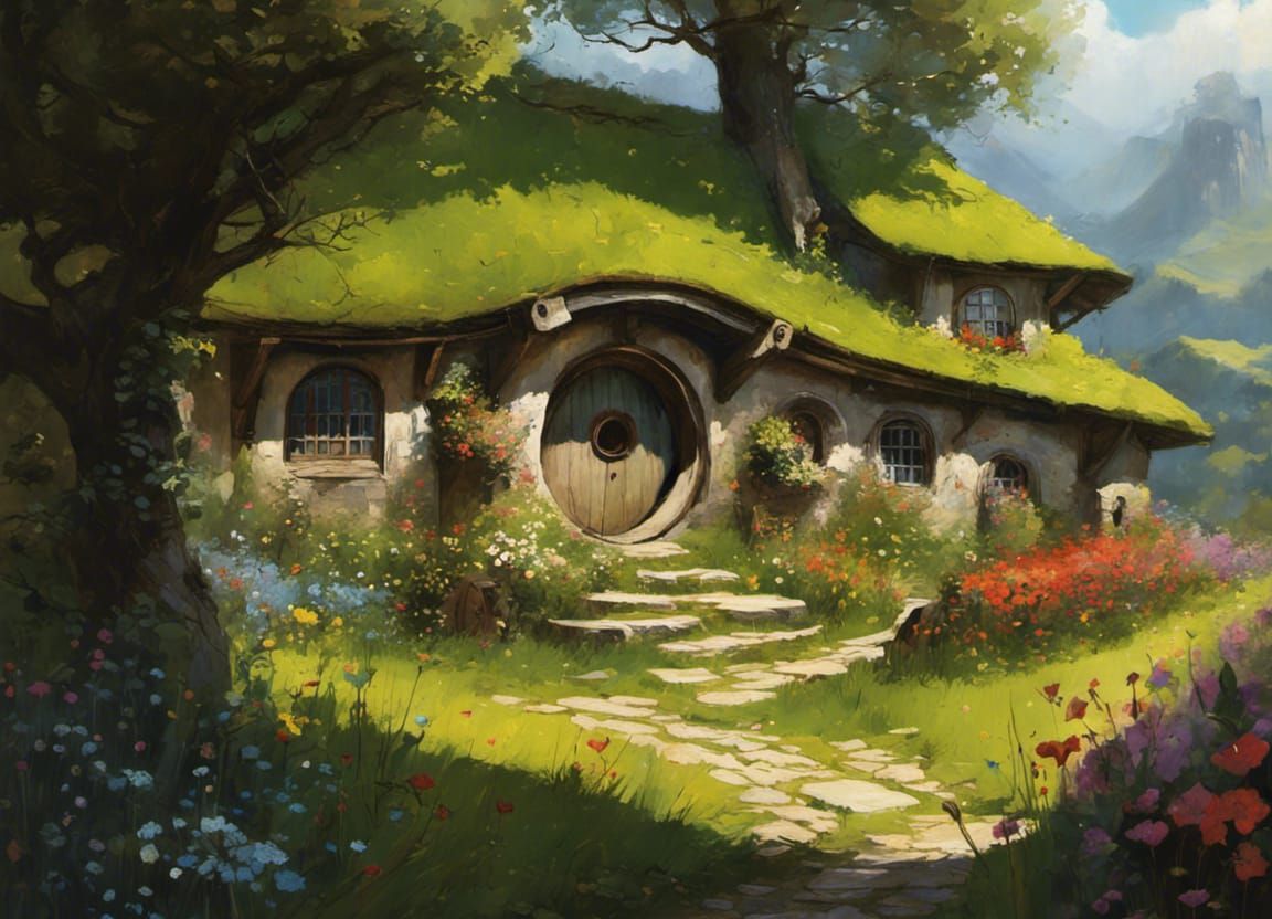 Idyllic Hobbit Village in Hyperdetailed Painting