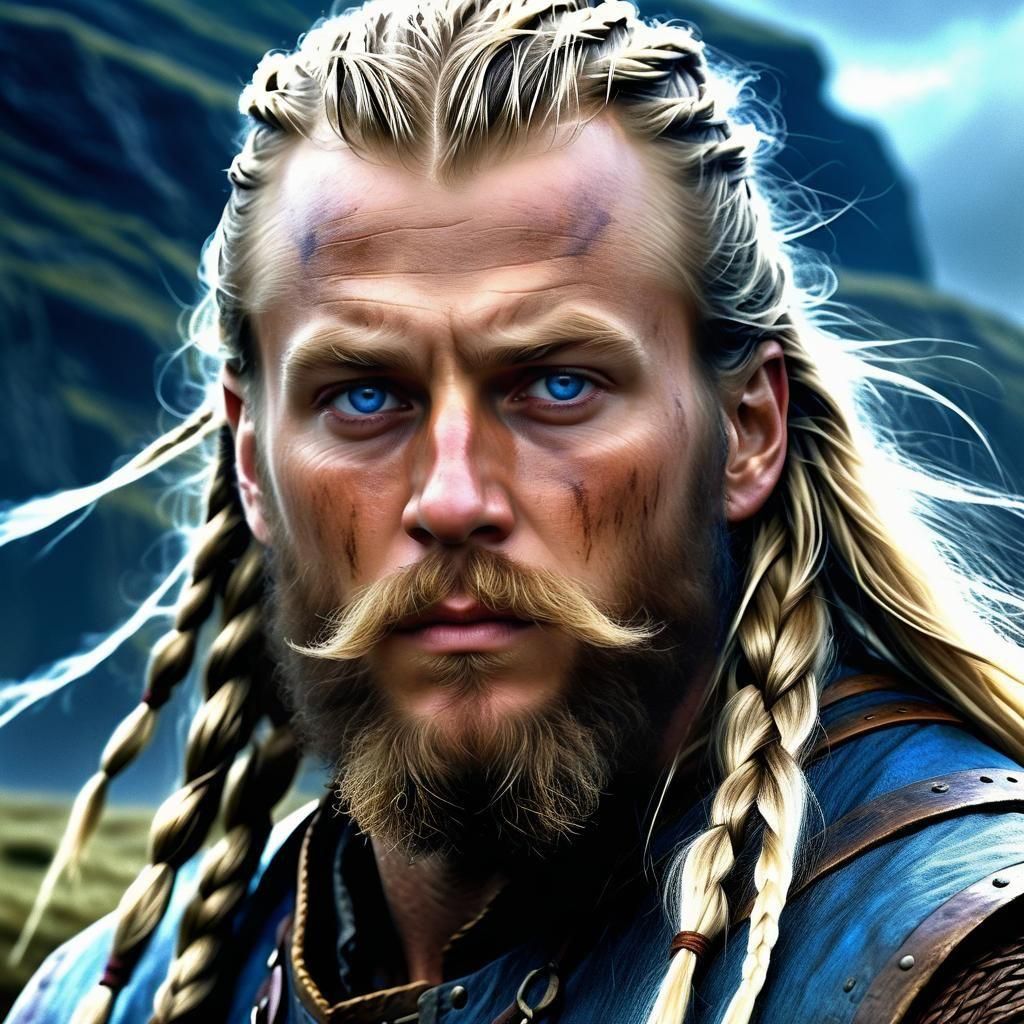 Viking Warrior with Long Blond Hair in a Dramatic Digital Ma...