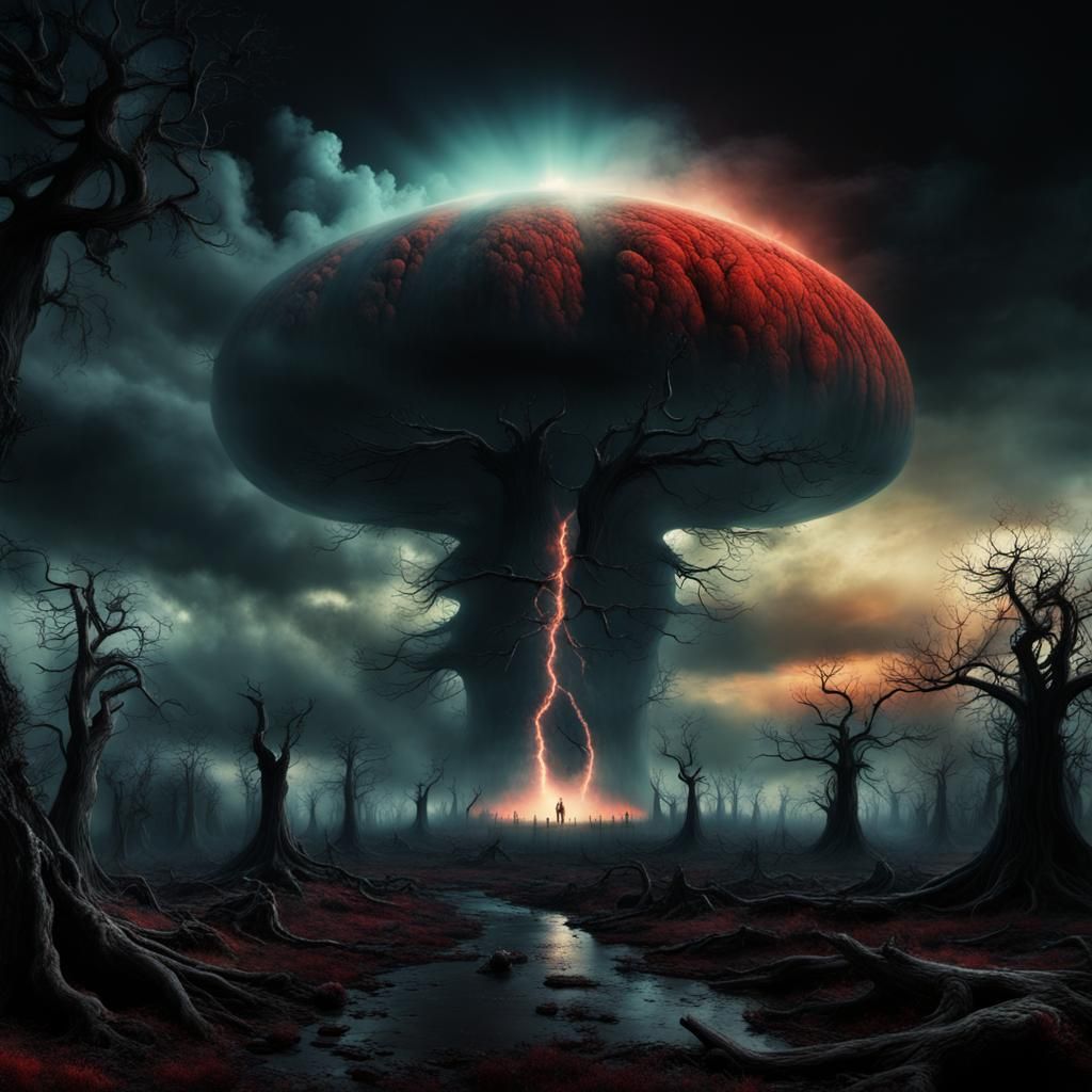 Nuclear Bomb Under Black Moon as Digital Art