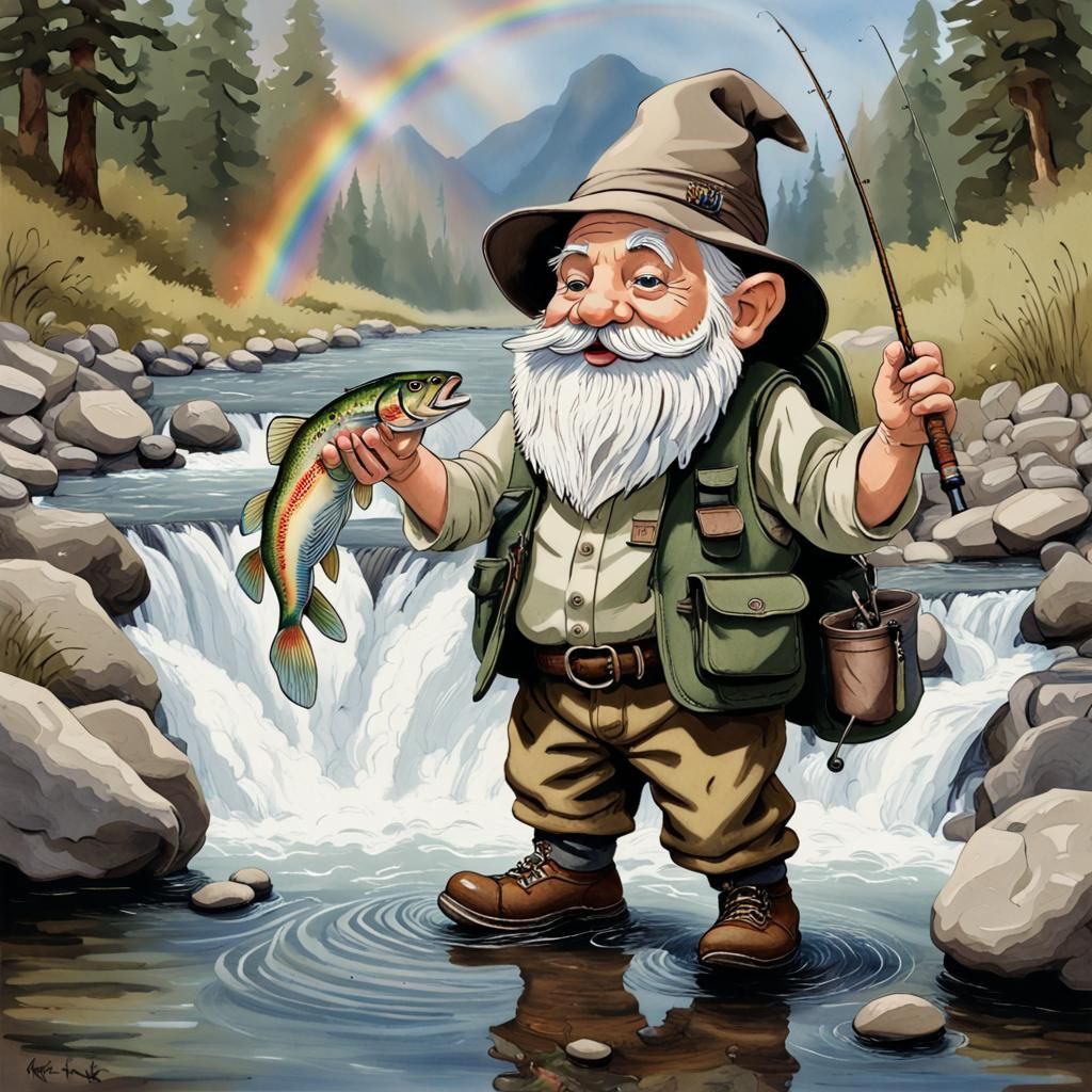 Gnome Fisherman Casting to Trout Illustration