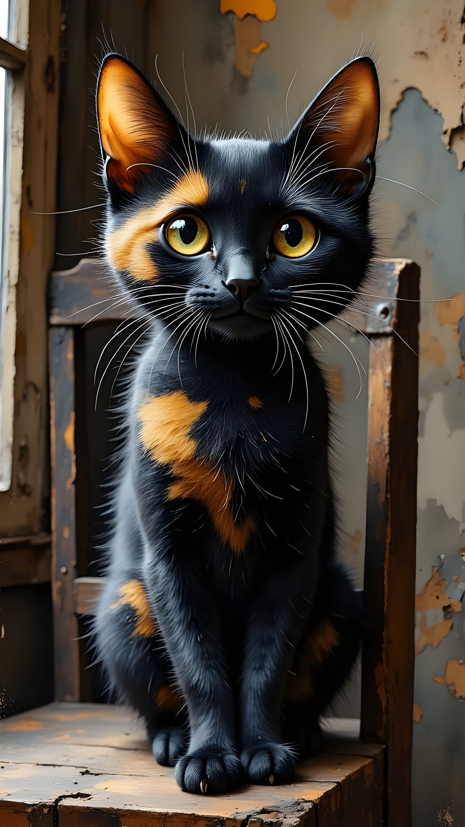 Tortoiseshell Cat with Gold Eyes Sits on Rustic Chair
