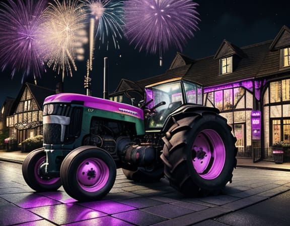 Tractor Celebration in Neon Lit English Village